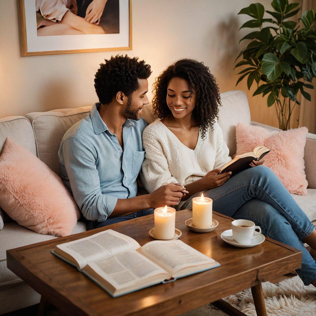 A cozy, intimate setting featuring a couple sitting together on a soft, plush sofa, surrounded by warm lighting and pastel colors. They are engaged in deep conversation, with a journal and pen on the coffee table, symbolizing the crafting aspect of love stories. Background elements like soft pillows, candles, and a small plant create a nurturing atmosphere. The scene radiates warmth and connection, evoking feelings of love and intimacy. super-realistic. warm colors. soft focus.