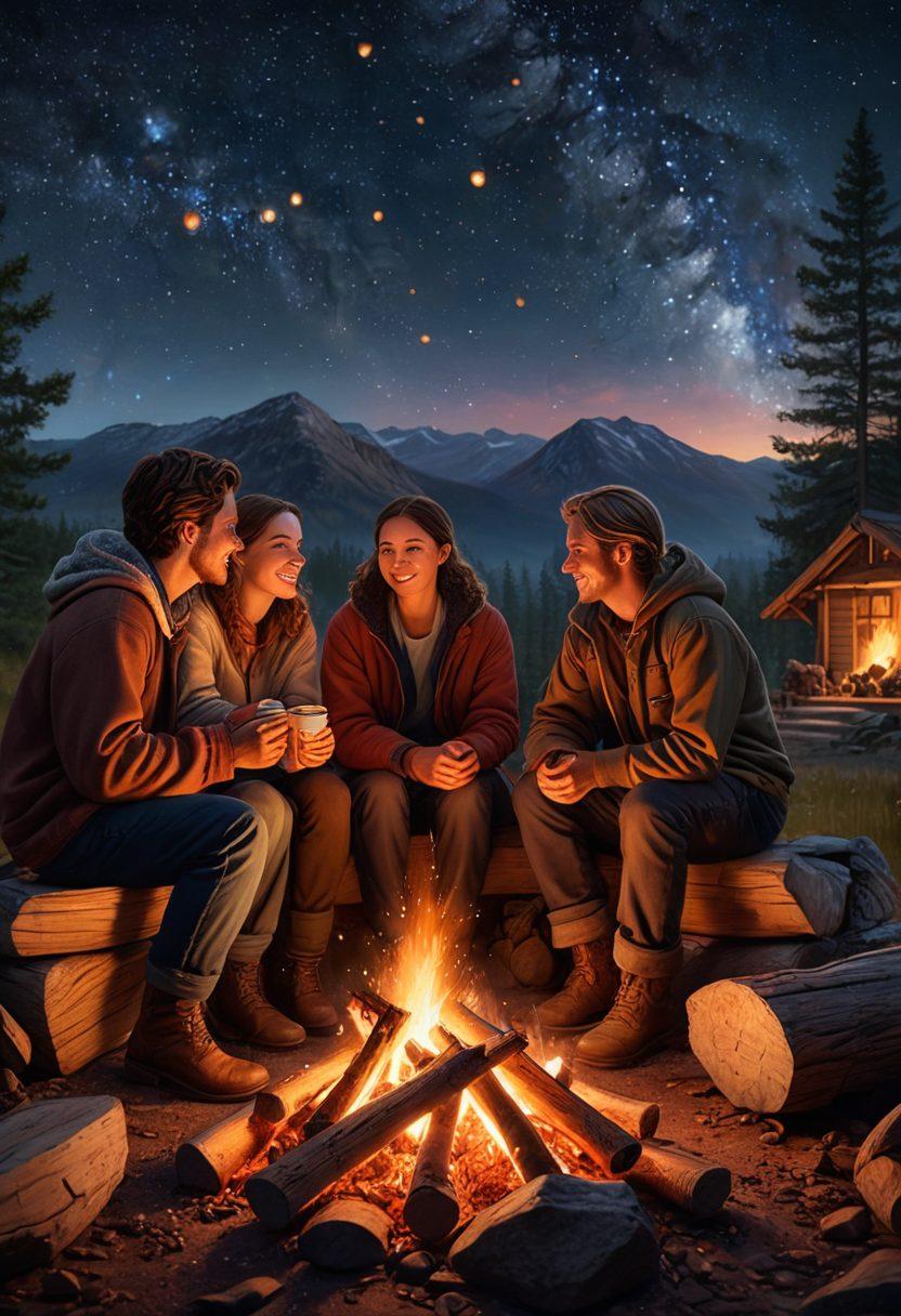 A warm, inviting scene of a diverse group of people gathered around a campfire, sharing stories and laughter under a starlit sky. In the background, a serene landscape with twinkling lights to symbolize connection and intimacy. The foreground features glowing embers from the fire, illuminating their joyful expressions. super-realistic. vibrant colors. warm tones.