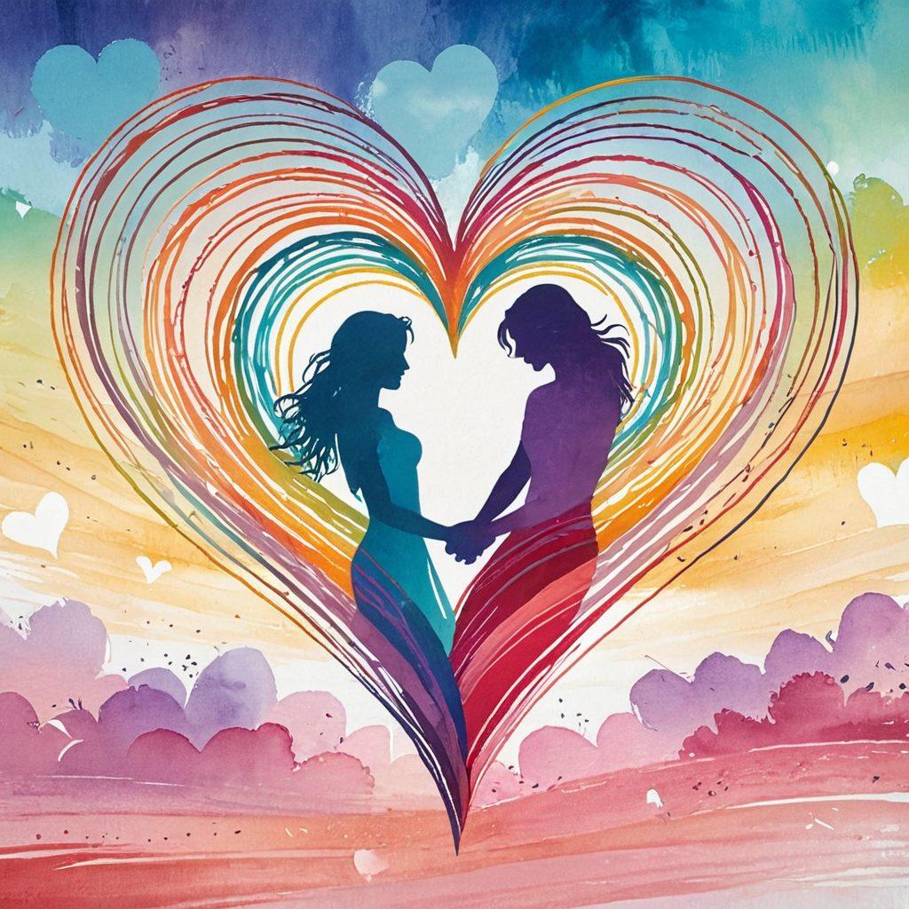 A beautifully intertwined heart made of vibrant threads symbolizing devotion, surrounded by silhouettes of diverse couples joyfully weaving their own love stories together. Soft pastel colors create a warm, inviting atmosphere. Add elements like handwritten love notes and small moments of connection in the background. Painting. vibrant colors.